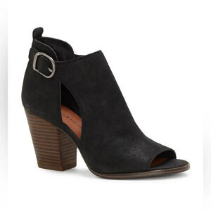 Lucky Brand Women’s 7.5 Oona Black Suede Stacked Heels Peep Toe Buckle